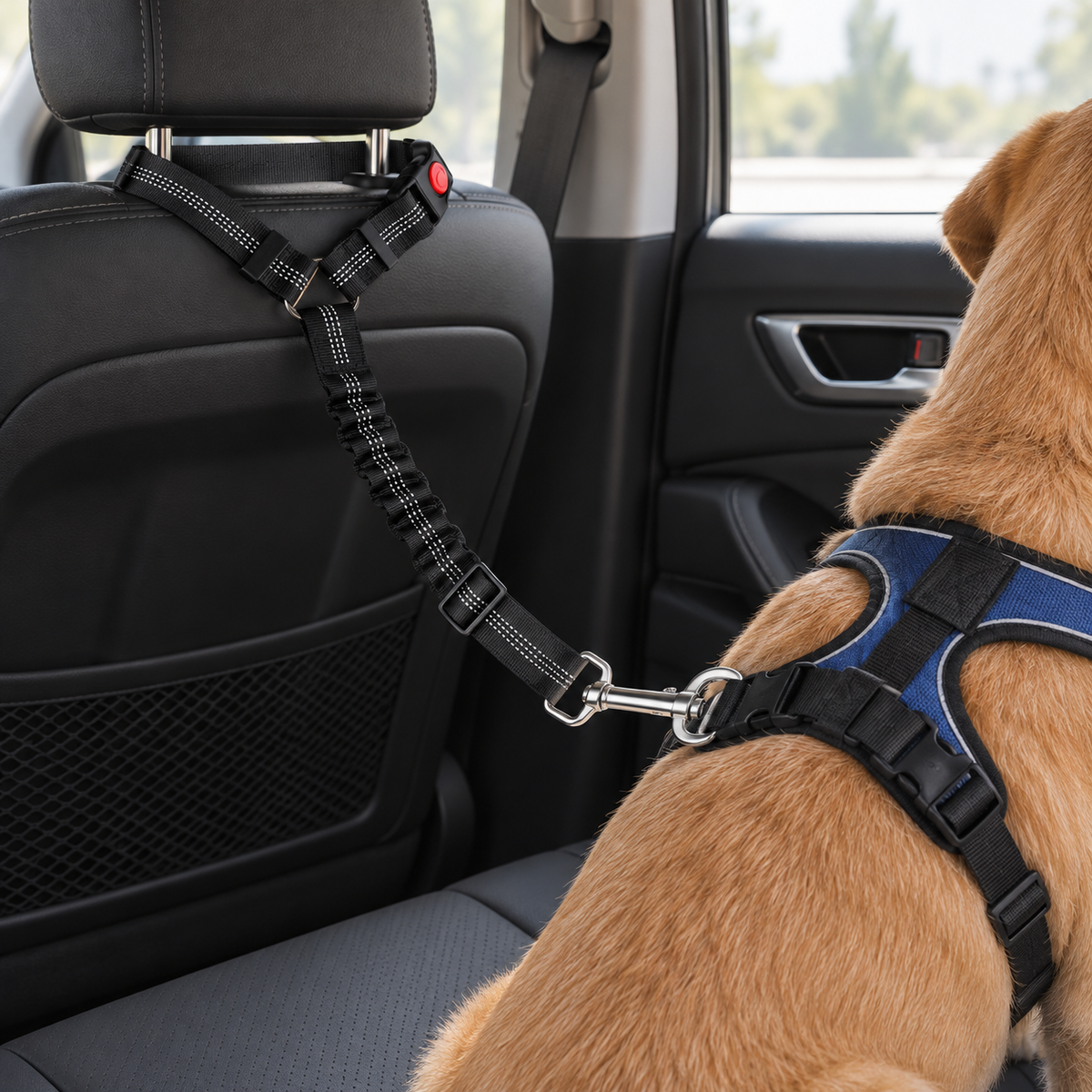 Ceinture POSTUVIO installée autour d’un appuie-tête et reliée au harnais du chien