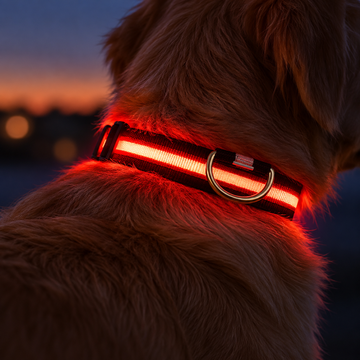 Collier LED POSTUVIO allumé pendant une sortie nocturne