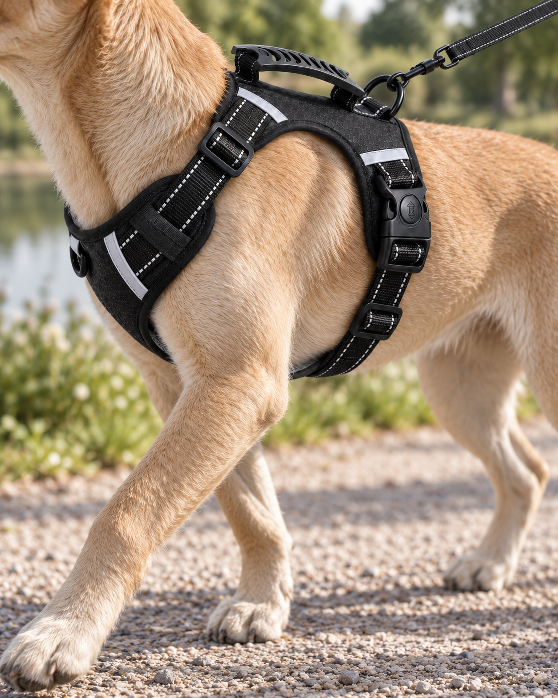 Chien en promenade avec le harnais POSTUVIO noir