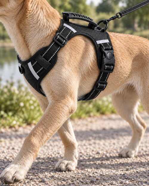 Chien en promenade avec le harnais POSTUVIO noir
