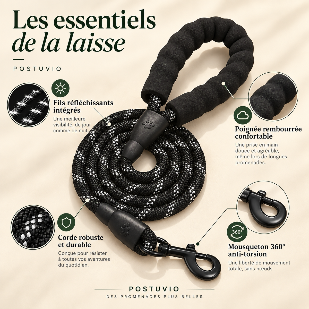 Bénéfices principaux de la laisse réfléchissante POSTUVIO
