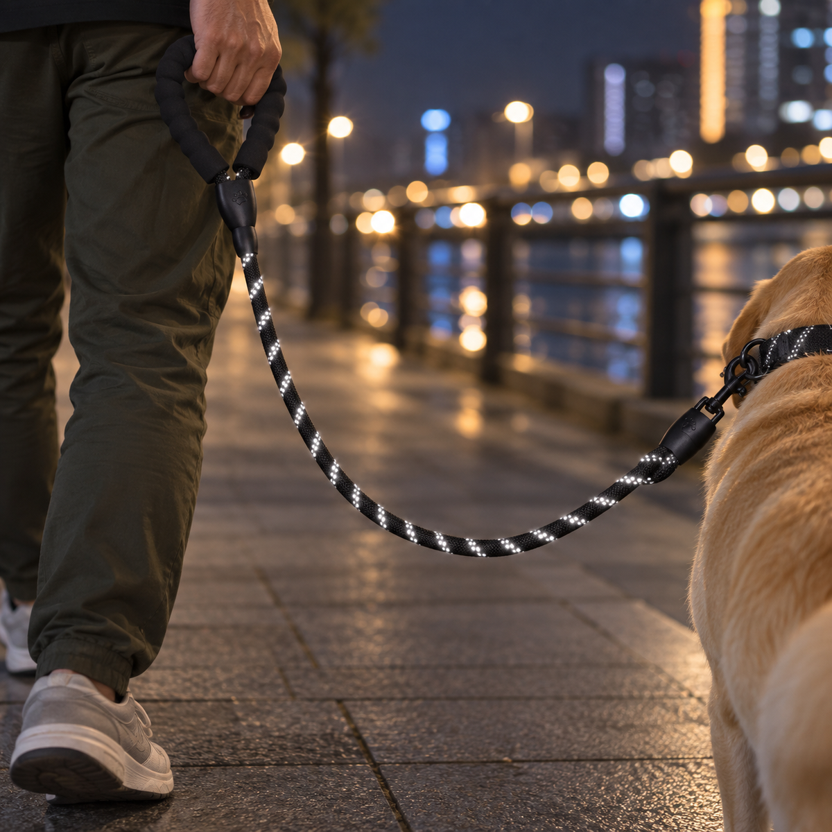 Laisse POSTUVIO avec fils réfléchissants lors d’une promenade de nuit